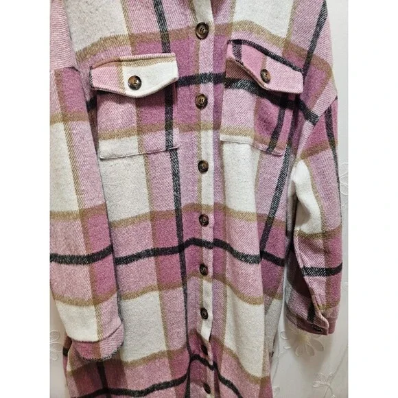 Womens XL Pink Black Jacket Plaid Oversized Thick Flannel Farm Barn Coat Tunic - Picture 6 of 16